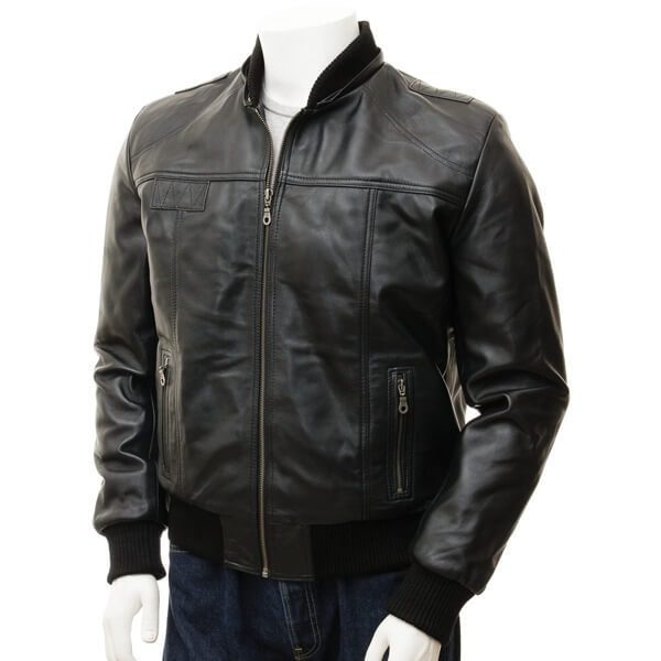 Men’s Black Leather Bomber Jacket with Hoodie