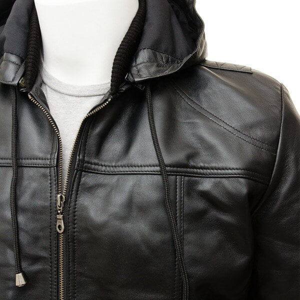 Men’s Black Leather Bomber Jacket with Hoodie
