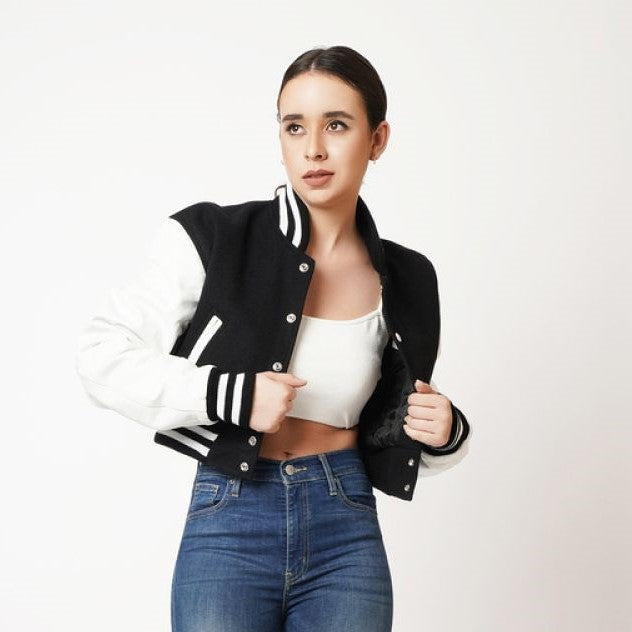 Two-tone Leather Varsity Jacket For Women
