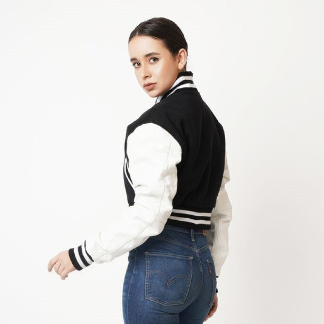 Two-tone Leather Varsity Jacket For Women