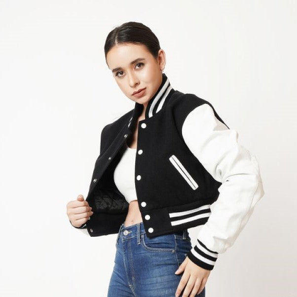 Two-tone Leather Varsity Jacket For Women