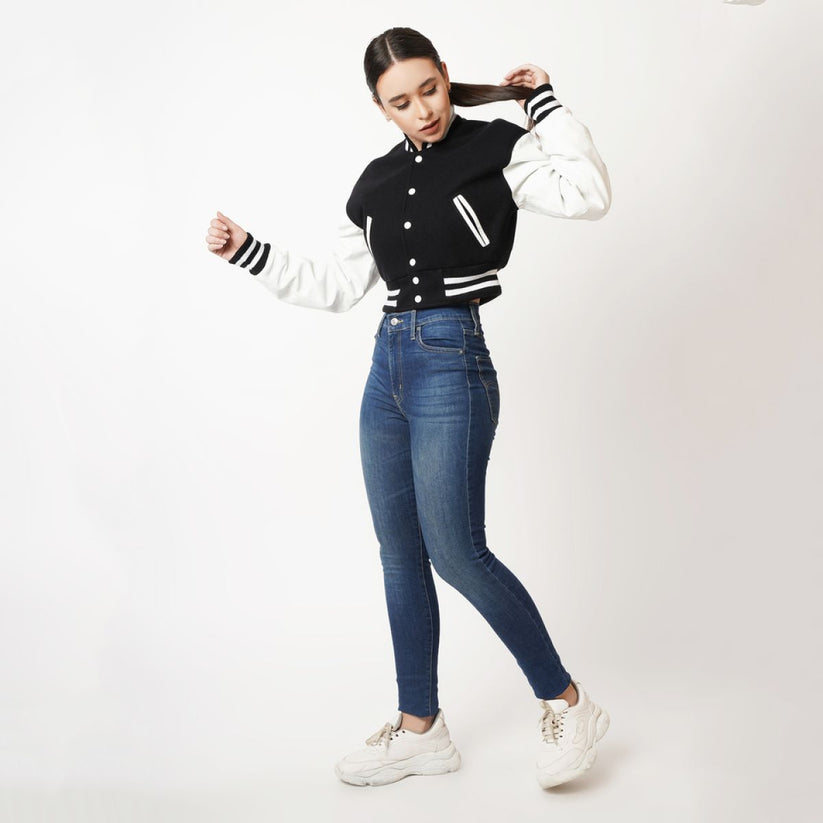 Two-tone Leather Varsity Jacket For Women