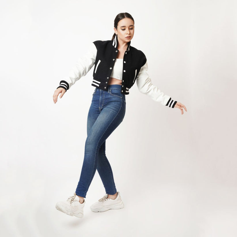 Two-tone Leather Varsity Jacket For Women