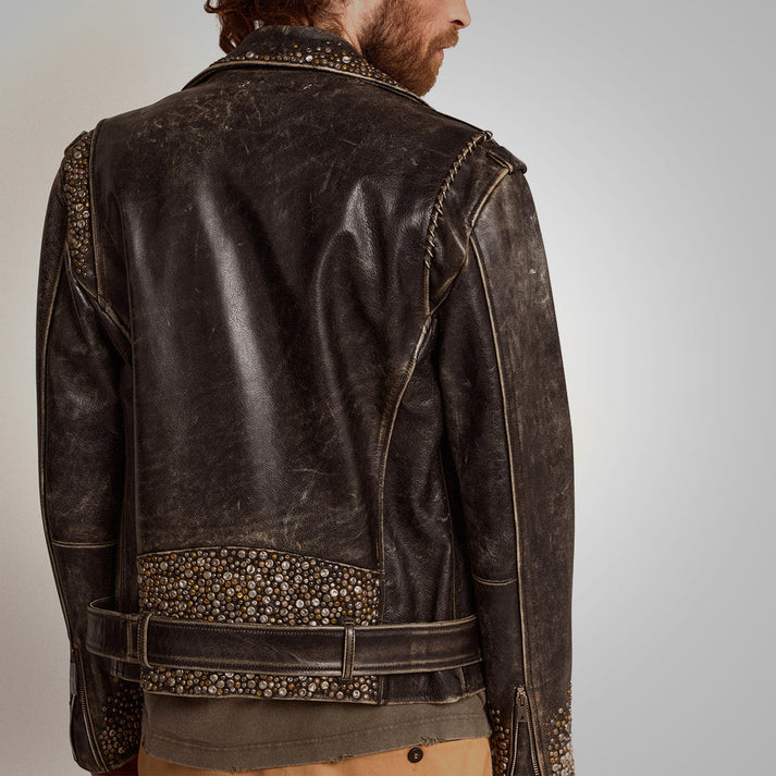Studded Distressed Leather Jacket Men