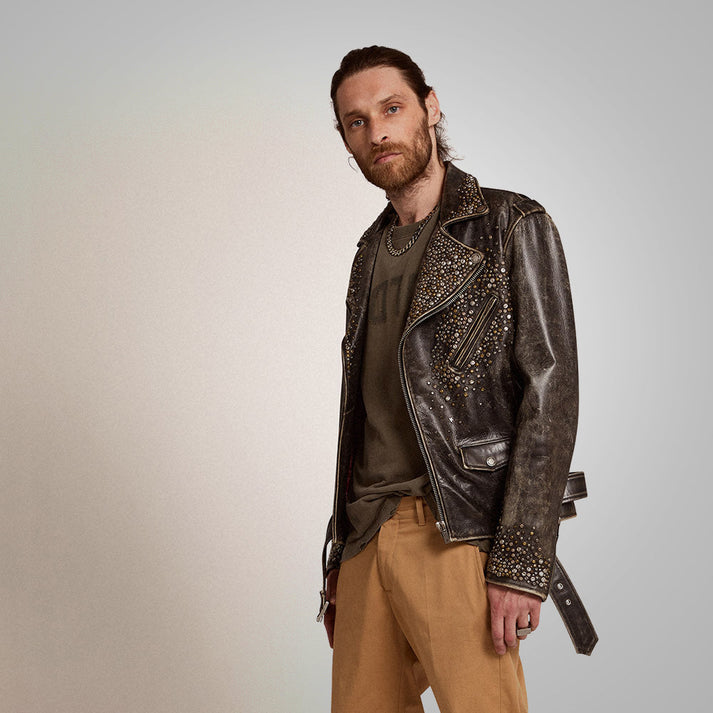 Studded Distressed Leather Jacket Men