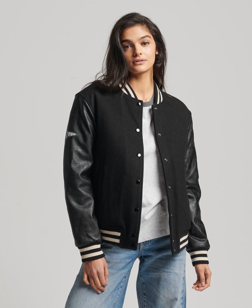 Black Varsity Leather Jacket For Women