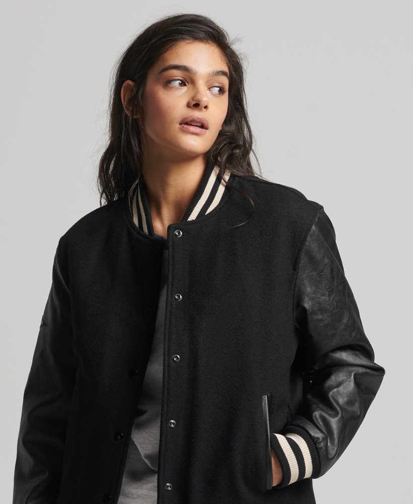 Black Varsity Leather Jacket For Women
