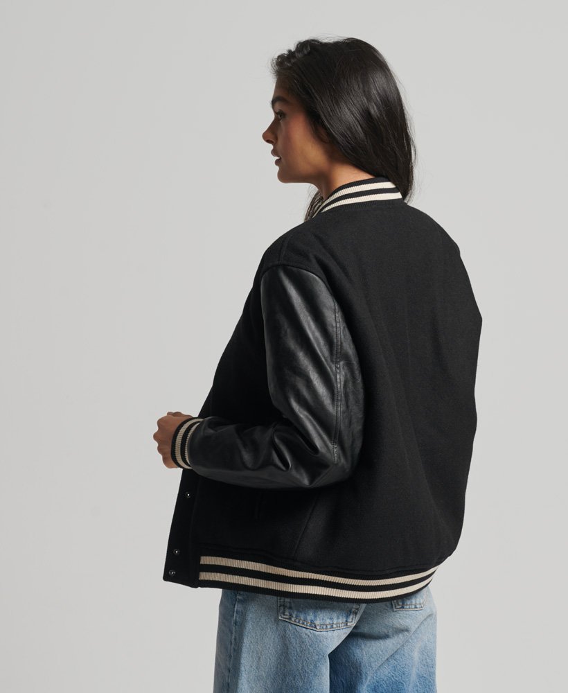 Black Varsity Leather Jacket For Women