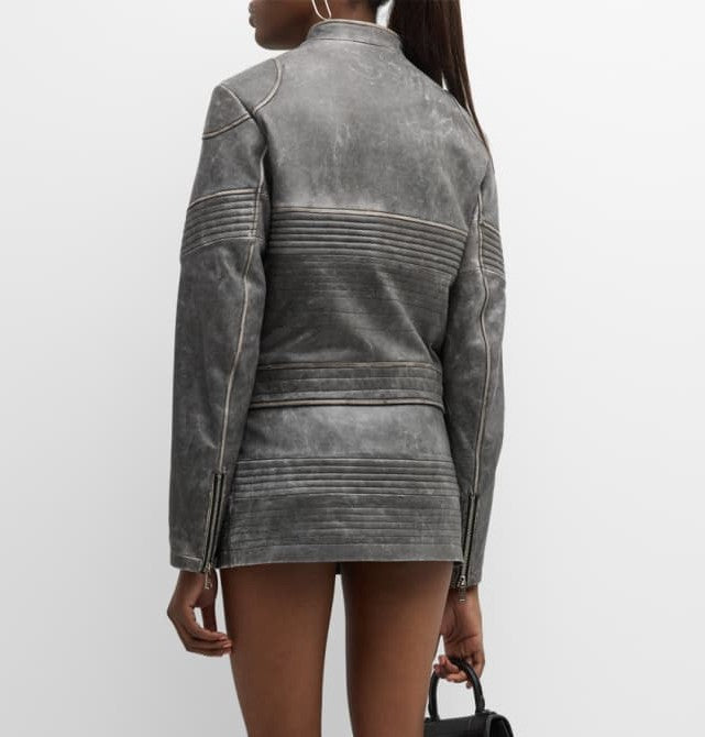 Vintage Gray Leather Jacket Women