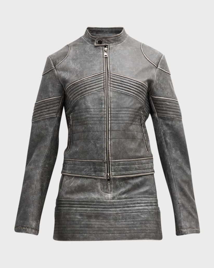 Vintage Gray Leather Jacket Women