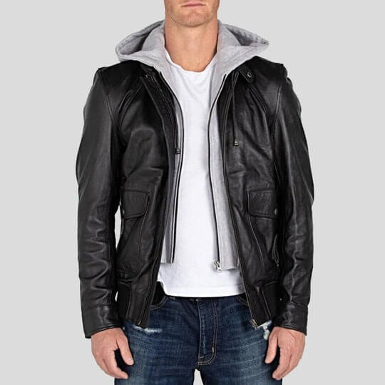 Men’s Black Leather Jacket with Removable Hood