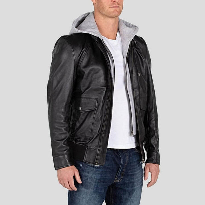Men’s Black Leather Jacket with Removable Hood