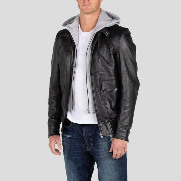 Men’s Black Leather Jacket with Removable Hood