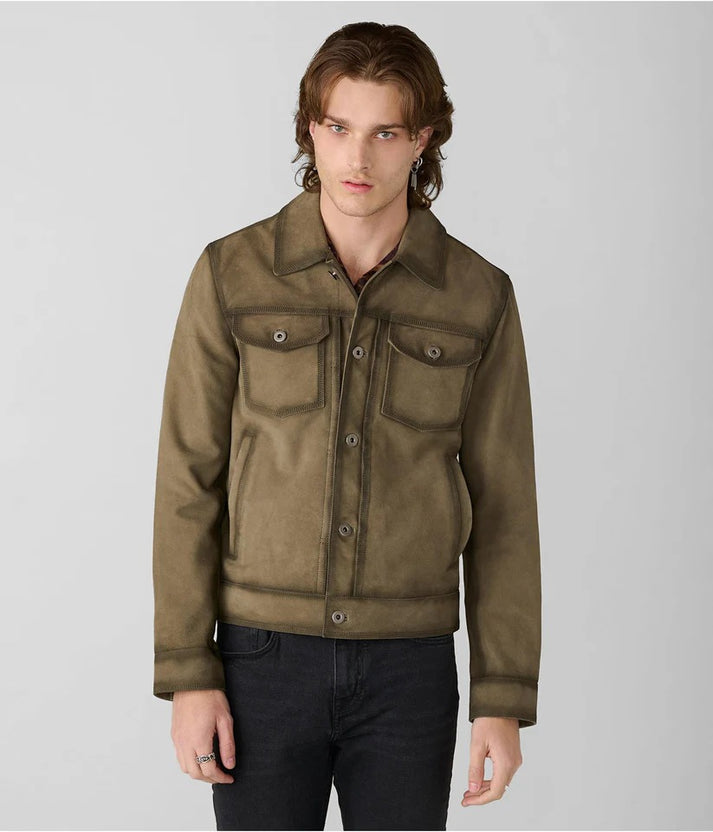 Olive Green Suede Trucker Jacket