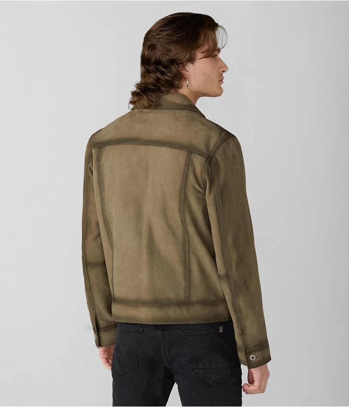 Olive Green Suede Trucker Jacket