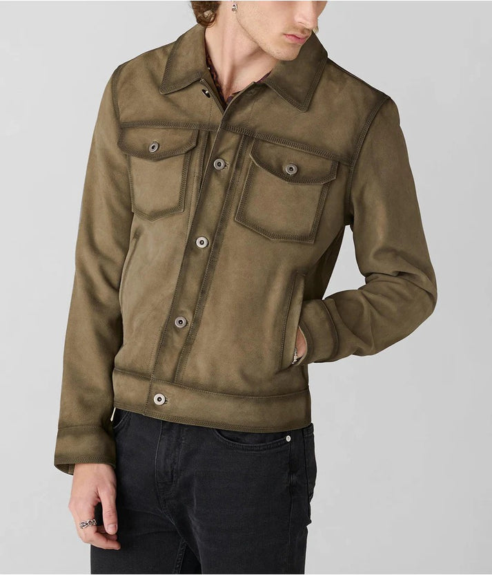 Olive Green Suede Trucker Jacket