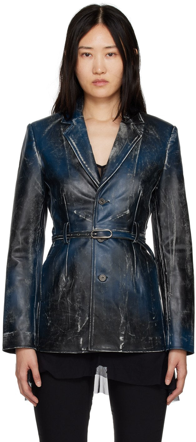 Vintage Blue Leather Jacket For Women