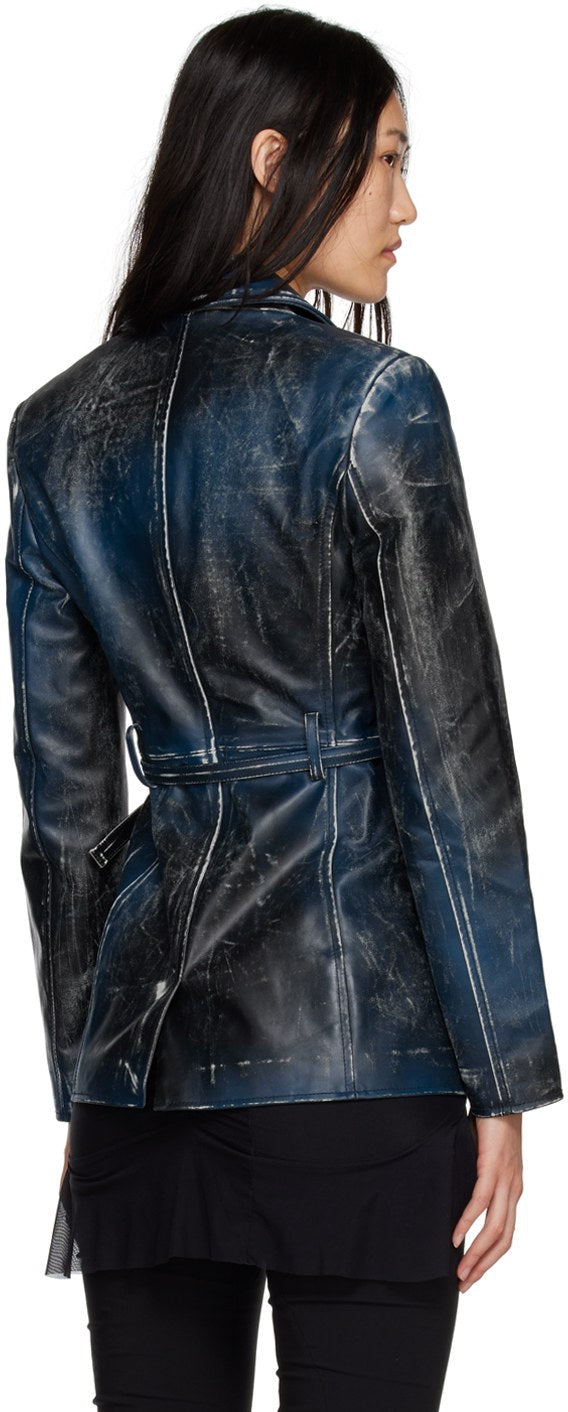 Vintage Blue Leather Jacket For Women