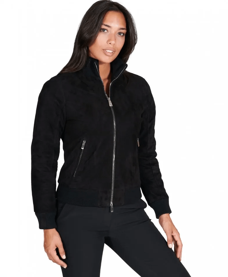 Black Suede Leather Bomber Jacket