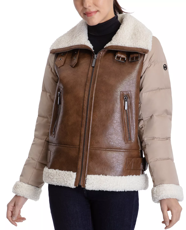 Women’s Leather Puffer Jacket with Shearling