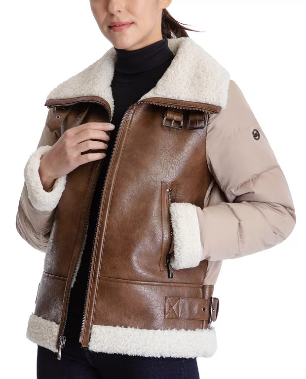 Women’s Leather Puffer Jacket with Shearling
