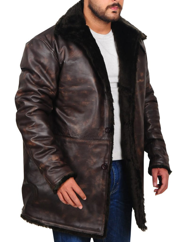 Distressed Leather Jacket with Fur Collar