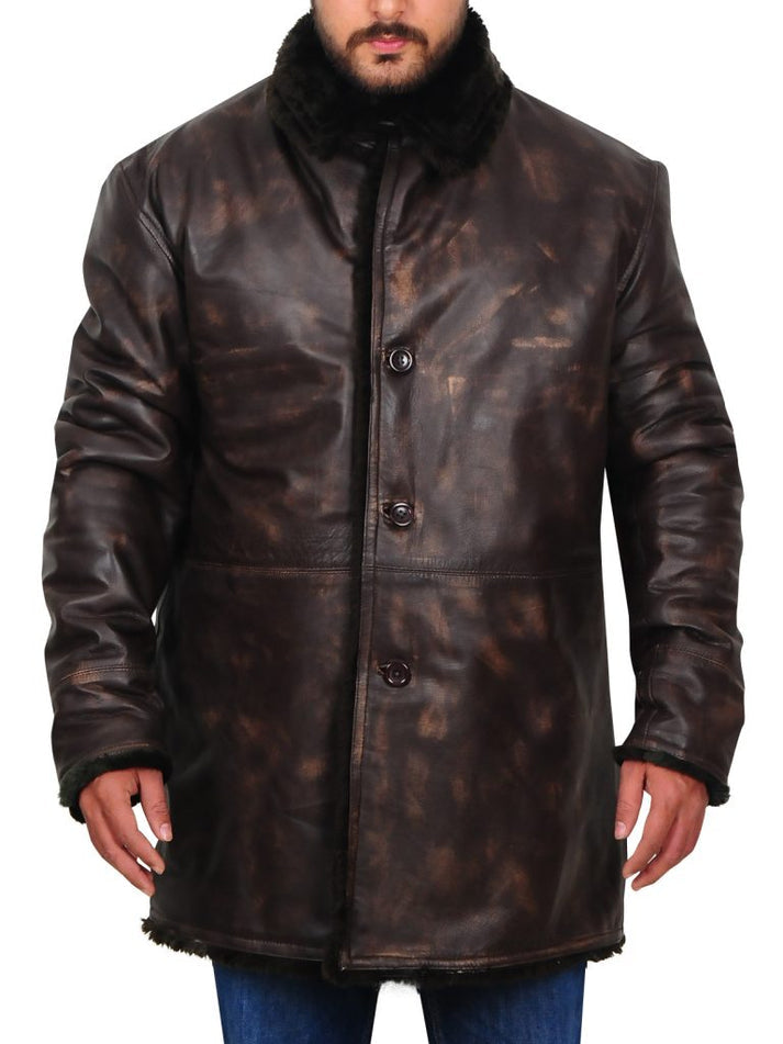 Distressed Leather Jacket with Fur Collar
