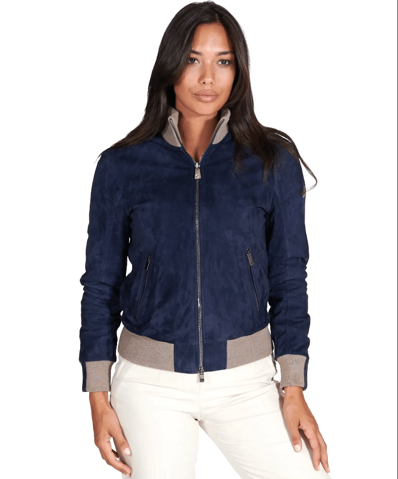 Blue Suede Bomber Jacket Women