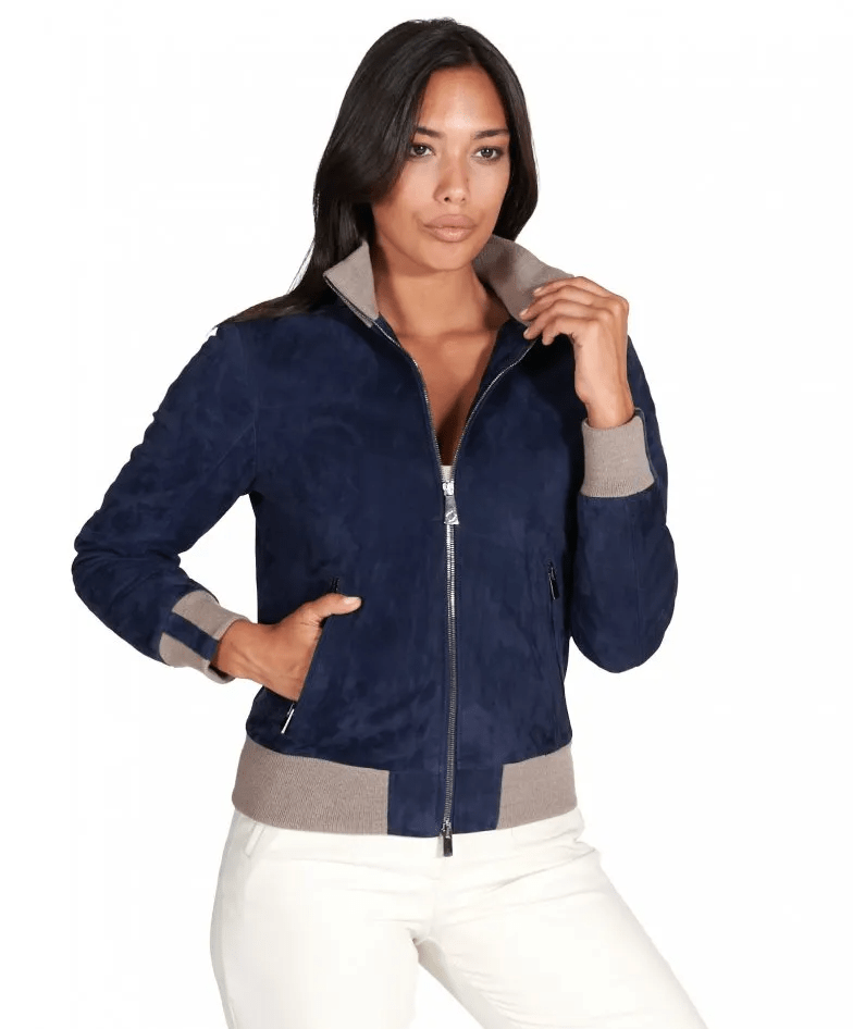 Blue Suede Bomber Jacket Women
