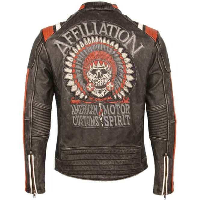 Men’s vintage black leather moto jacket featuring skull artwork