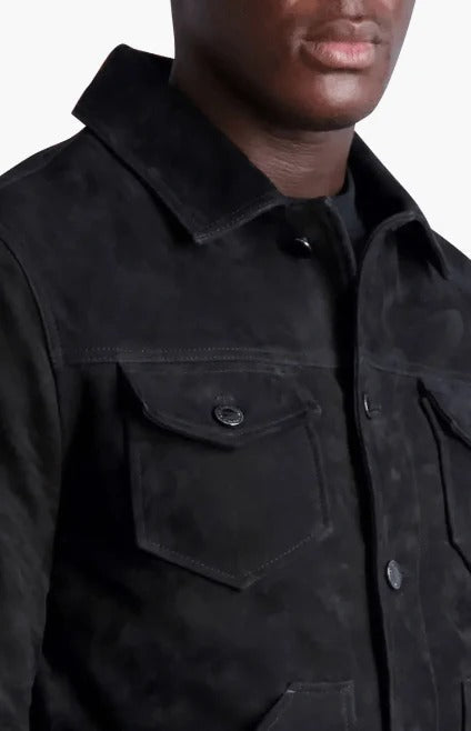 Mens Black Suede Trucker Leather Jacket Classic Durable