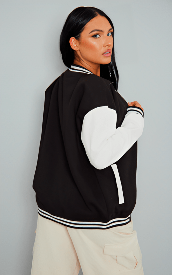 Black Leather Varsity Jacket For Women