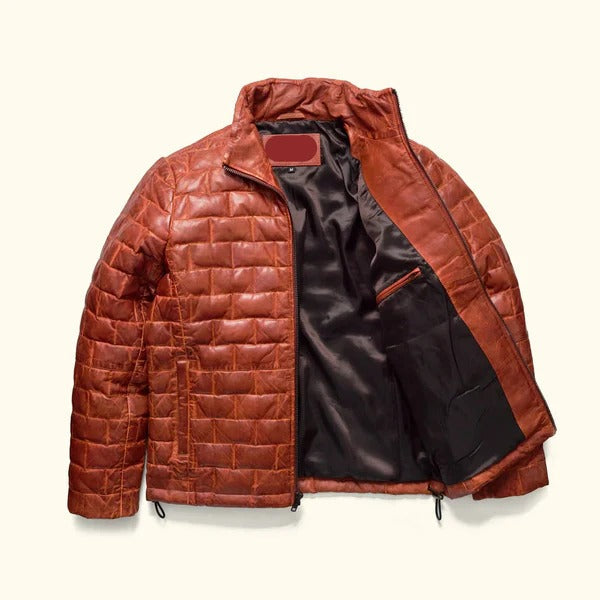 Brown quilted jacket with black lining on a light background