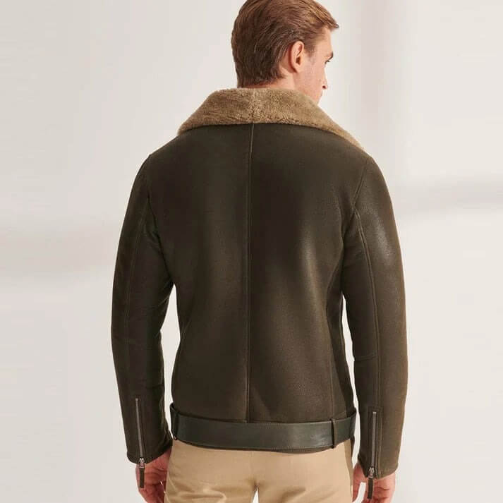 Army green sheepskin aviator jacket with shearling