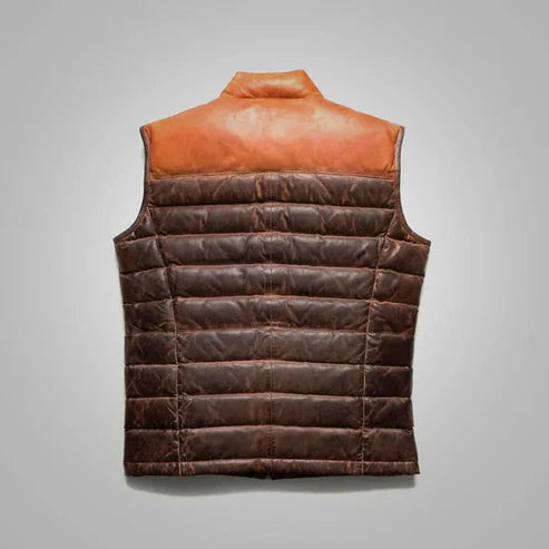 Men’s Brown Bubble Leather Down Vest