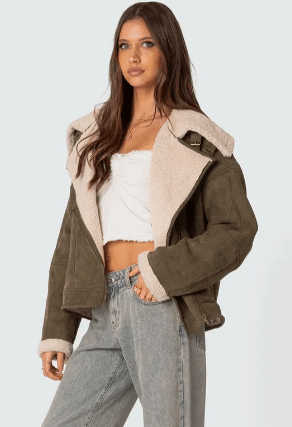 Khaki Suede Leather Jacket for Women
