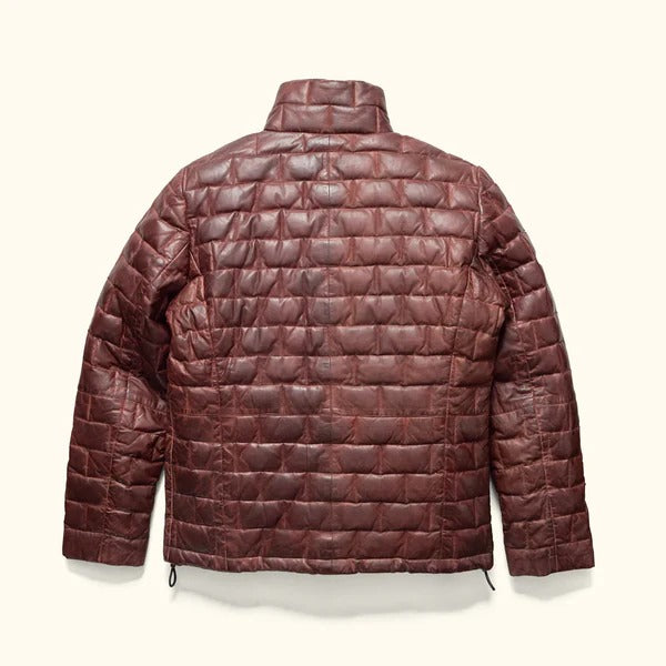 Brown Leather Puffer Jacket for Men