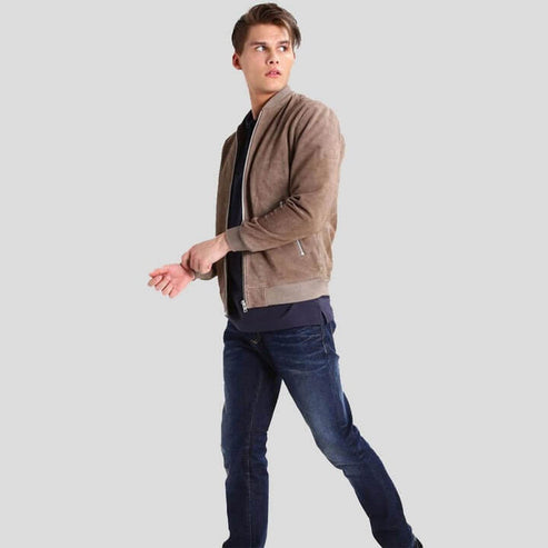 Men's Grey Suede Bomber Jacket