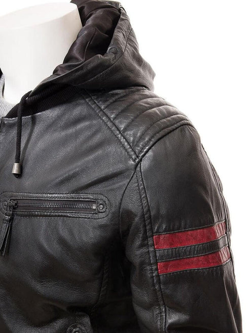 Men's Black Leather Jacket with Hood
