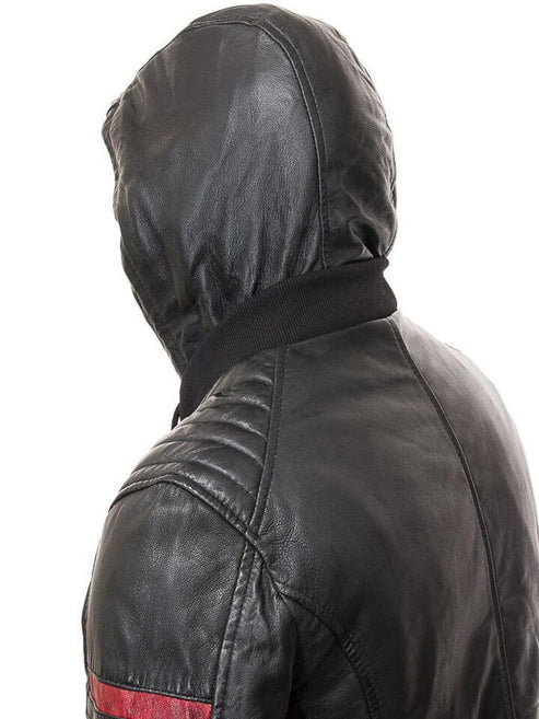 Men's Black Leather Jacket with Hood
