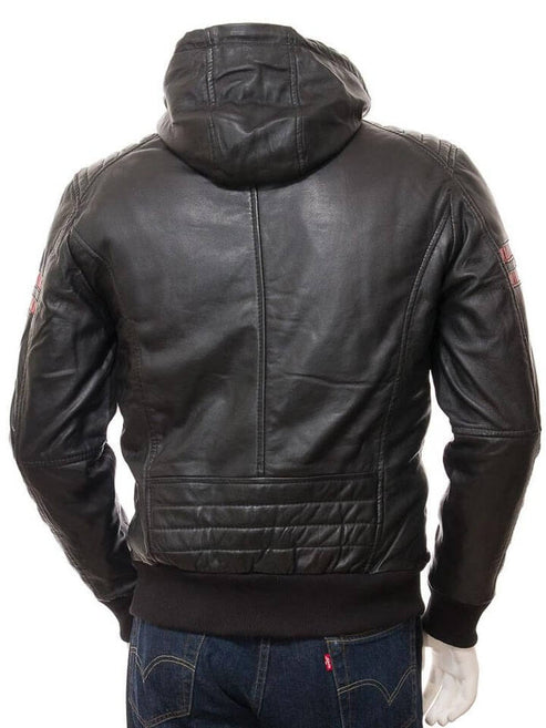 Men's Black Leather Jacket with Hood