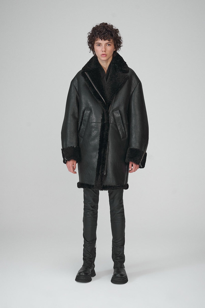 Black Leather Shearling Coat