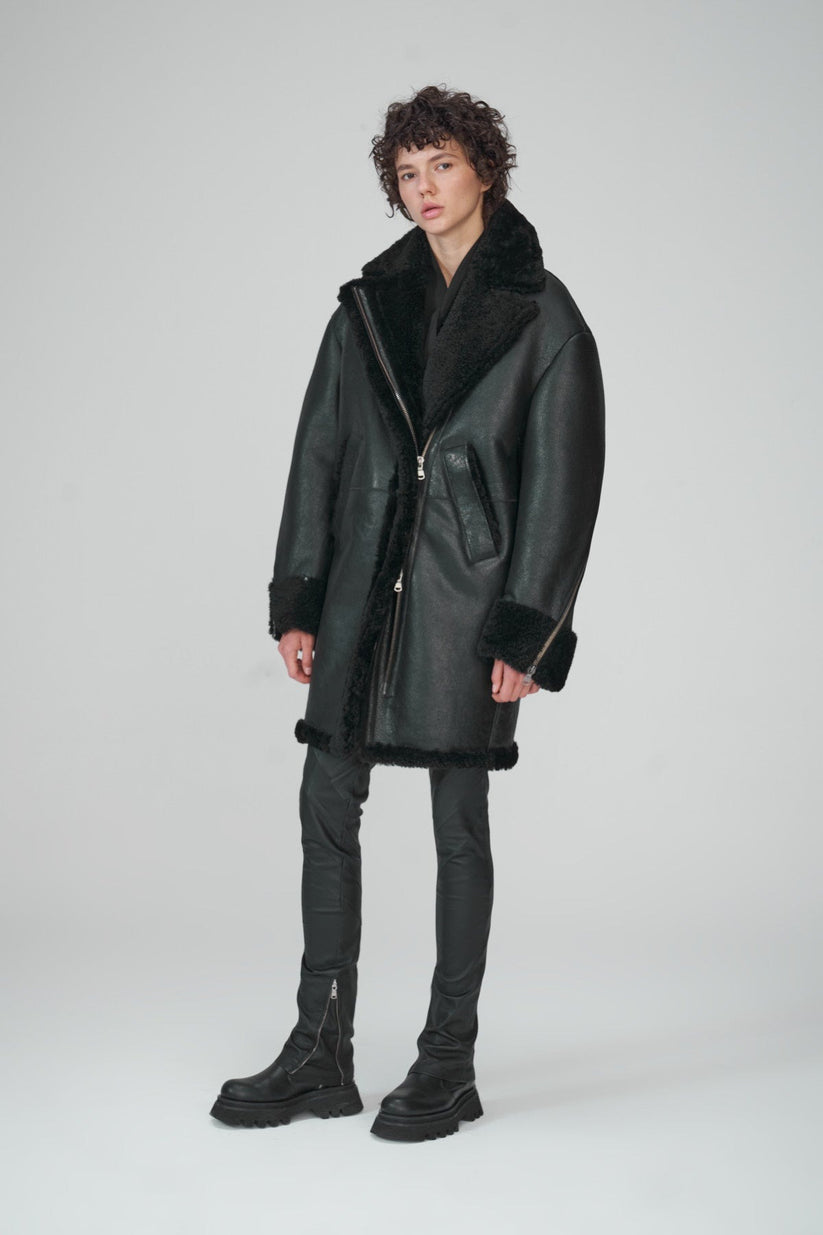 Black Leather Shearling Coat