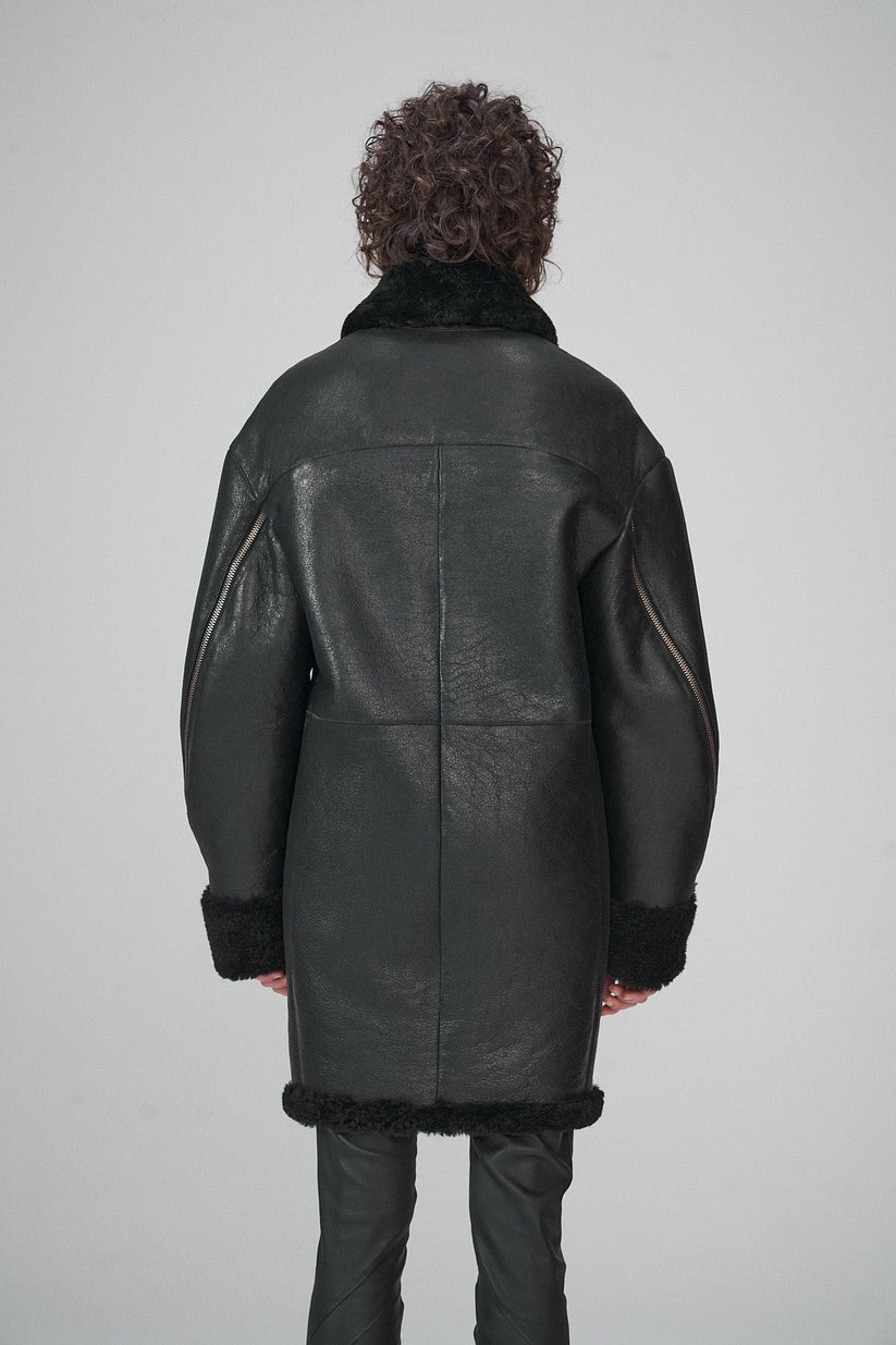 Black Leather Shearling Coat