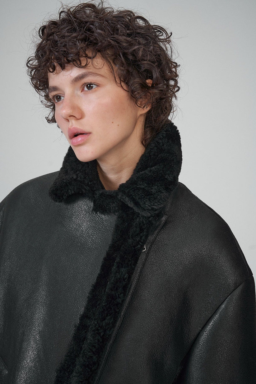 Black Leather Shearling Coat
