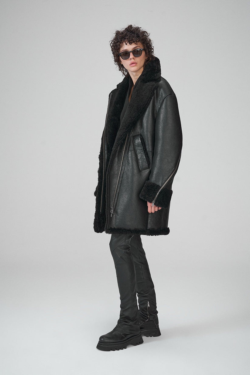 Black Leather Shearling Coat