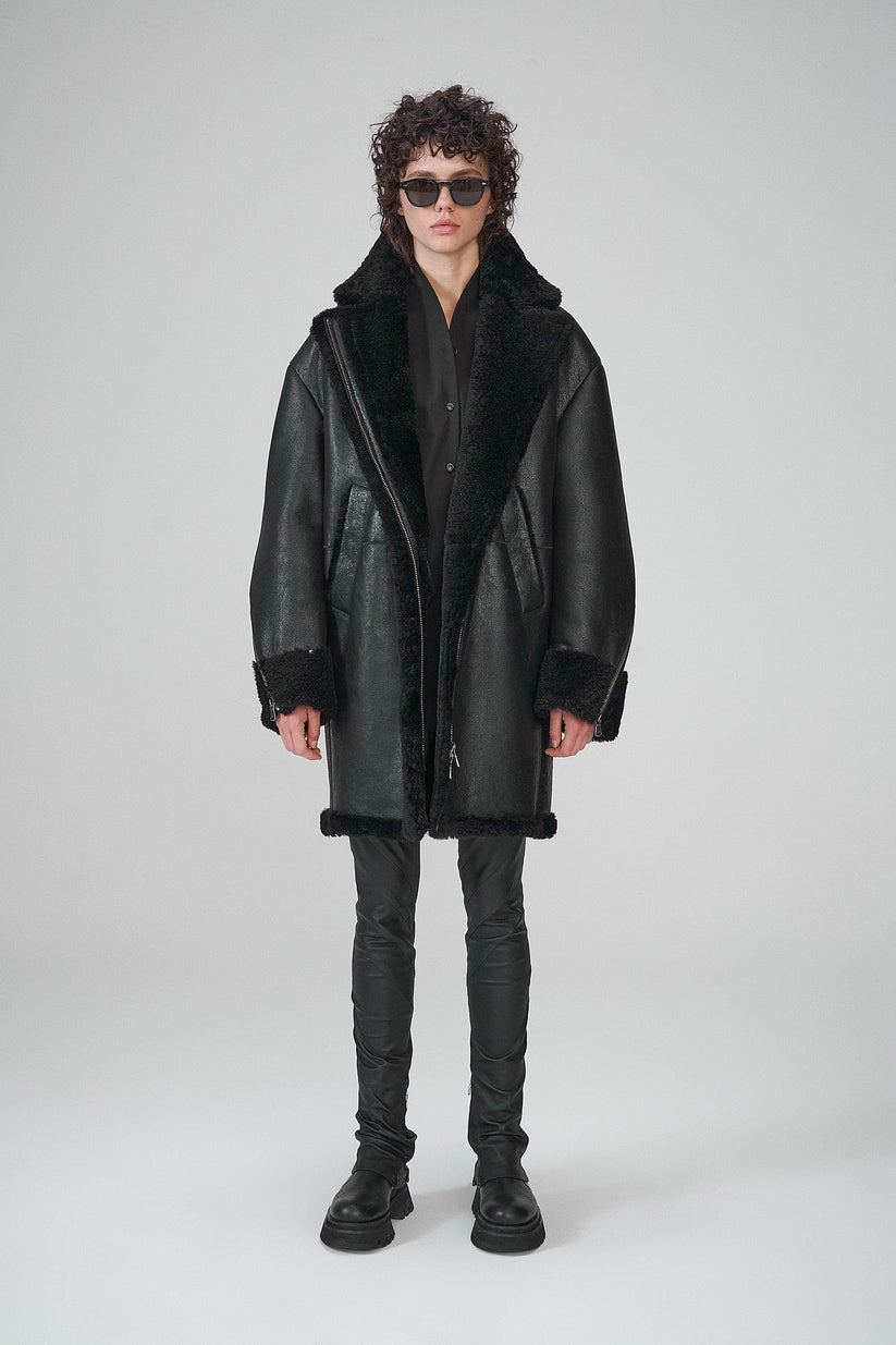 Black Leather Shearling Coat