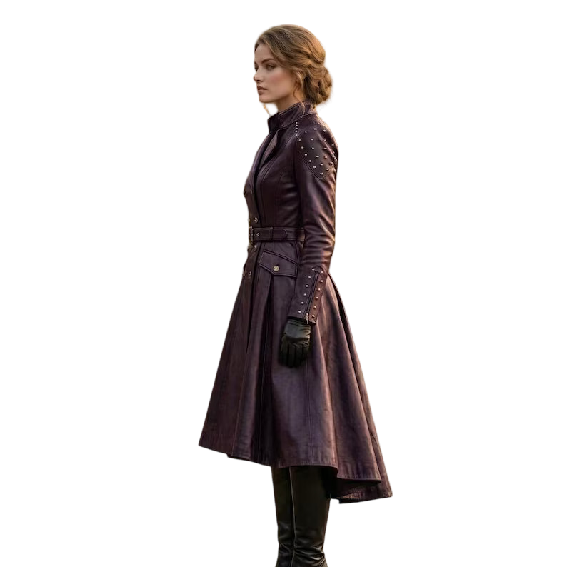 Side profile of purple leather trench coat for women