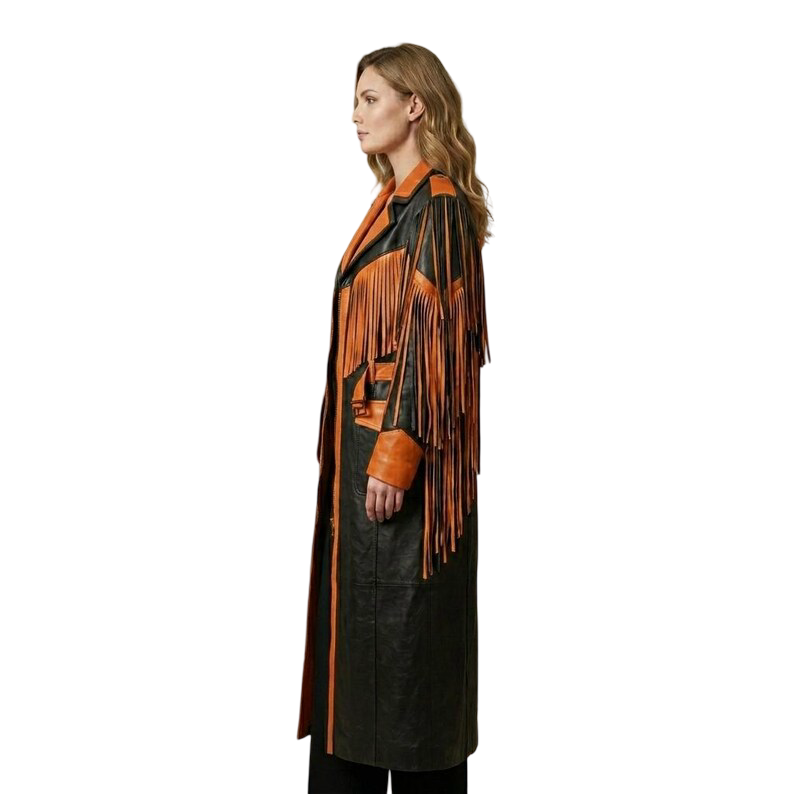 Side profile of black orange fringe leather coat