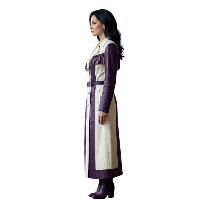 Side profile of women's leather fringe trench coat